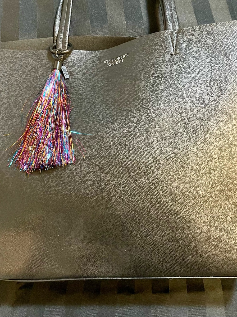 Victoria's Secret Black Tote with Colorful Tassel Charm